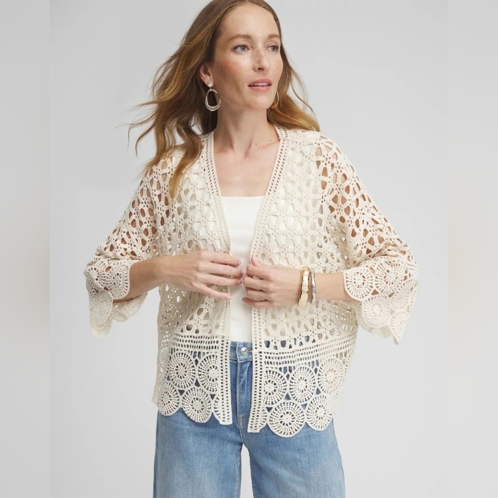 Chico's NWT Novelty Crochet Short Kimono Covering Ruana Natural Cream L/XL